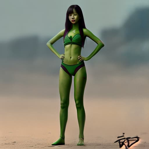 redshift style Jennie Kim as a green-skinned humanoid female from another galaxy, full body