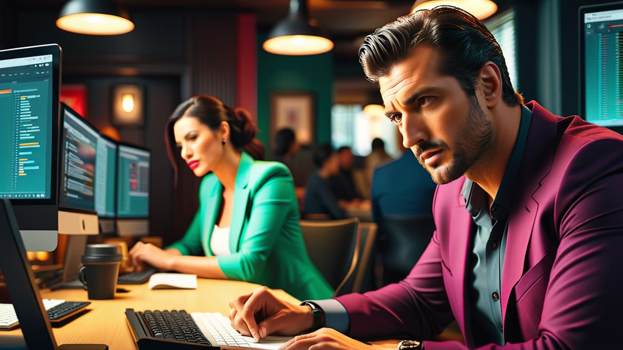  a split image depicting a stressed franchise owner at a cluttered desk, contrasting with a successful owner confidently leading a team in a bustling restaurant, showcasing the challenges and rewards of franchise management. hyperrealistic, full body, detailed clothing, highly detailed, cinematic lighting, stunningly beautiful, intricate, sharp focus, f/1. 8, 85mm, (centered image composition), (professionally color graded), ((bright soft diffused light)), volumetric fog, trending on instagram, trending on tumblr, HDR 4K, 8K