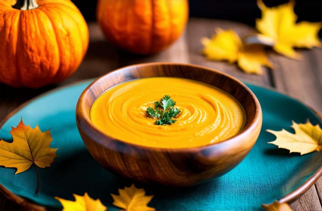  food gourmet photography style, pumpkin soup in a wooden beautiful plate on the table, yellow leaves nearby, cozy atmosphere ar 3:2, appetizing, professional, culinary, high resolution, commercial, highly detailed ,soft natural lighting, macro details, vibrant colors, fresh ingredients, glistening textures, bokeh background, styled plating, wooden tabletop, garnished, tantalizing, editorial quality