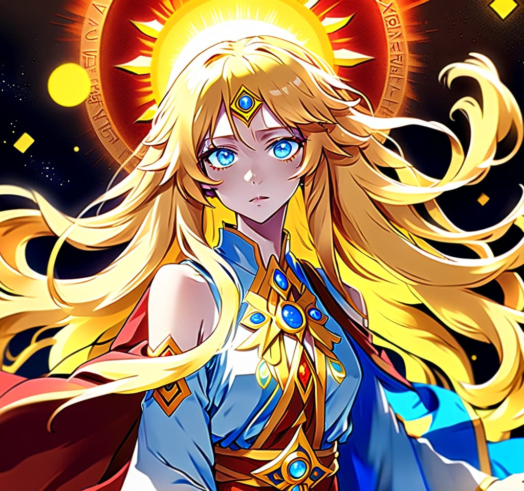  anime artwork palace of the sun goddess. a beautiful middle aged girl, a goddess in astral robe, yellow long wavy hair, blue eyes with a shade of red, tanned skin and a beautiful body, with a sullen appearance of the face. . anime style, key visual, vibrant, studio anime, highly detailed, perfecteyes, perfect hands