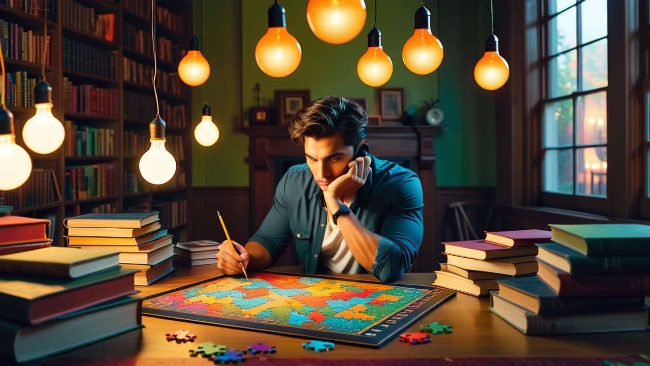  an intricate puzzle layout with colorful, interlocking pieces, a focused individual deep in thought, surrounded by lightbulbs symbolizing ideas and a magnifying glass, all set against a cozy, warmly lit room filled with books. hyperrealistic, full body, detailed clothing, highly detailed, cinematic lighting, stunningly beautiful, intricate, sharp focus, f/1. 8, 85mm, (centered image composition), (professionally color graded), ((bright soft diffused light)), volumetric fog, trending on instagram, trending on tumblr, HDR 4K, 8K