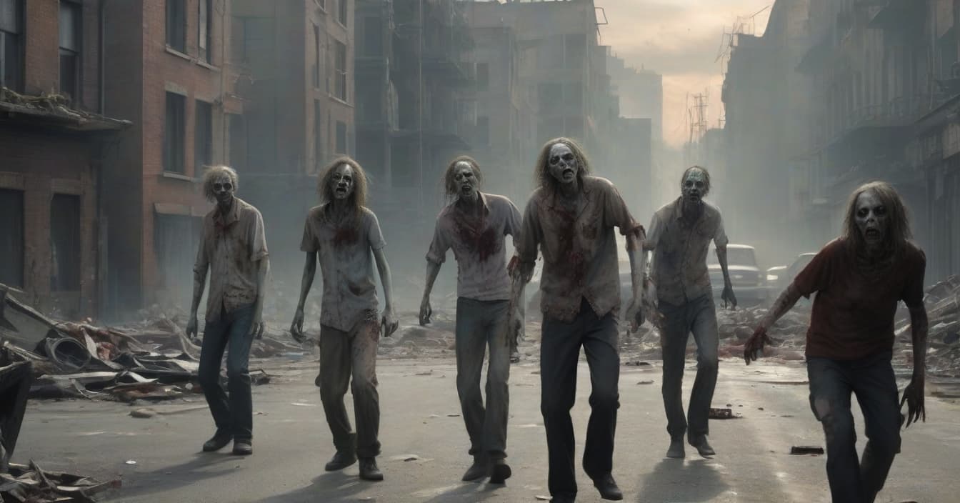  object: a group of zombies wandering down the street, with city ruins in the background. zombies should look threatening and frightened, with clear signs of decomposition and blood on their faces and clothes. description of zombie appearance: eyes blank and white the skin is gray and rotten wounds and blood on faces and clothes shaggy hair and torn clothes additional elements: destroyed cars and furniture on the street empty buildings and destroyed windows in the background small flames or smoke in the distance to add feelings of chaos and destruction scene: industrial zone, or urban development. effect: the cover should convey the sense of fear and tension that arises when zombies wander down the street. zombies should look like a thre