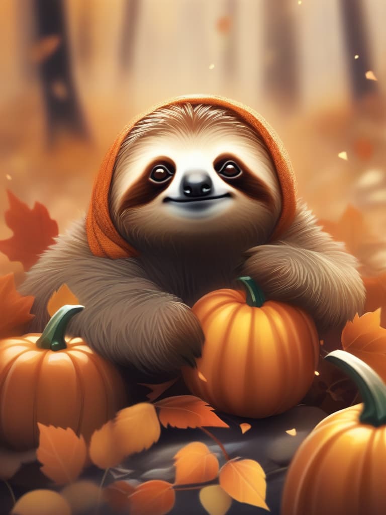  a masterpiece,((((thank you! 4000": text2.0)))),one cute sloth,pumpkin🎃,autumn leaves🍁,halloween,high quality,super analysis,16k