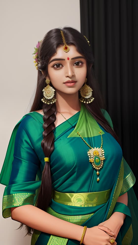  masterpiece, best quality, a woman in a green sari with long hair and a flower in her hair, by thota vaikuntham, a character portrait, samikshavad, pinterest contest winner, with lovely look, with kerala motifs, beautiful female, long hair shawl, cute woman, appealing long hair