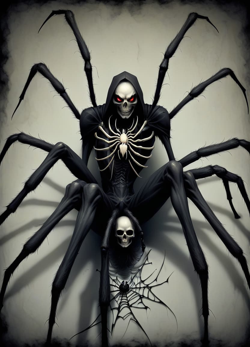  macabre style make him a man with the lower half of a spider's body . dark, gothic, grim, haunting, highly detailed