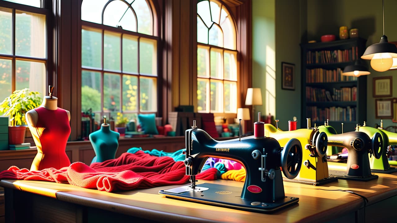  a vibrant sewing workshop scene filled with colorful fabrics, sewing machines, and upcycled clothing items transformed into trendy outfits. sunlight streams through a window, illuminating a creative workspace with tools and inspiration scattered around. hyperrealistic, full body, detailed clothing, highly detailed, cinematic lighting, stunningly beautiful, intricate, sharp focus, f/1. 8, 85mm, (centered image composition), (professionally color graded), ((bright soft diffused light)), volumetric fog, trending on instagram, trending on tumblr, HDR 4K, 8K