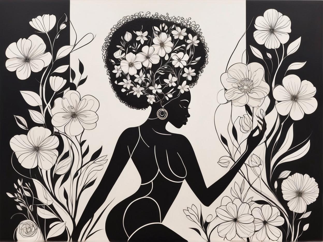  minimalism, the image features a black woman posing gracefully, adorned with flowers that cover parts of her body. the overall composition gives a sense of elegance and connection with nature., abstract, simple geometic shapes, hard edges, sleek contours, minimalism