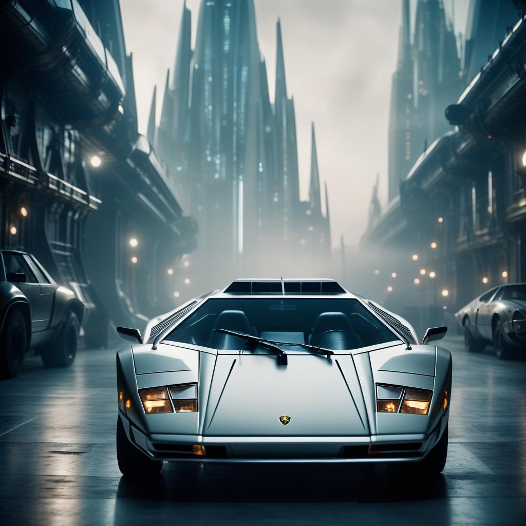  cinematic film still the spacecraft looks like a lamborghini countach, silver color, in the styles of futurism, dieselpunk and steampunk. . shallow depth of field, vignette, highly detailed, high budget, bokeh, cinemascope, moody, epic, gorgeous, film grain, grainy