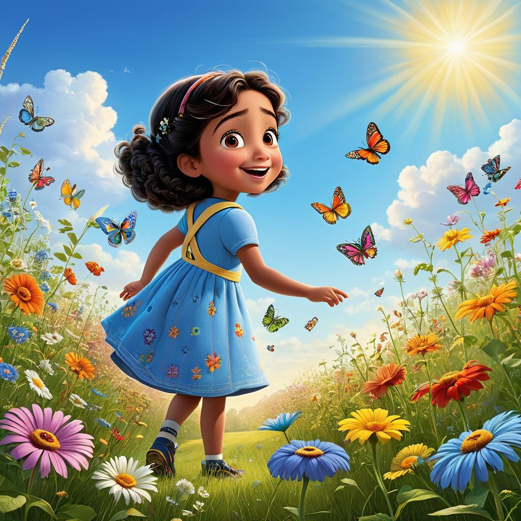  in 3d animated movie style. disney pixar style. anum, a old in a colorful dress with numbers and shapes prints, interacts with counting caterpillar in a vint meadow under bright, soft lights and a clear blue sky. the scene is rendered in high resolution pixar 3d animated film style, emphasizing the joyful learning journey of numbers between anum and the patient counting caterpillar. the focus is on their interaction, capturing the warmth and curiosity in their learning moment. the composition conveys a sense of discovery and excitement within the meadow setting. aspects like the meadow, flowers, and the blue sky serve as the backdrop to their story.