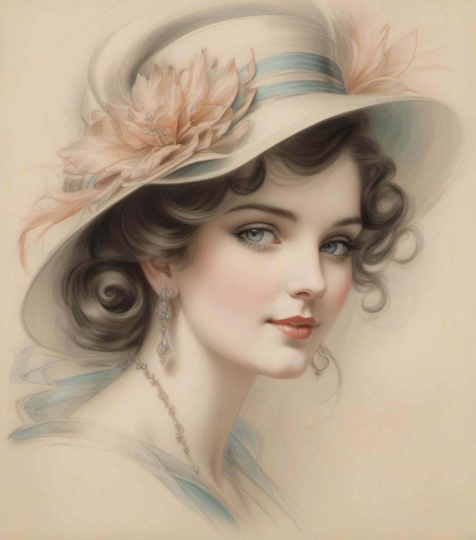  portrait of a beautiful woman, harrison fisher, colored pencil art, black pencil on antique paper, intricate detail.