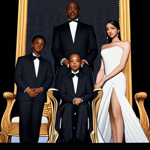  a black business man holding hands and both the throne with his in a suit with an , an son and a college girl all standing behind the throne, looking ambitious. They are all dark skinned, no smiles only three ren in a black background.