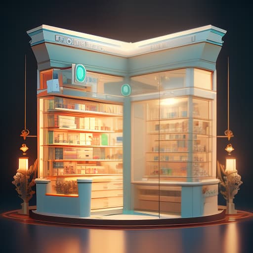  3D model of a pharmacy in a three dimensional perspective, minimalism. hyperrealistic, full body, detailed clothing, highly detailed, cinematic lighting, stunningly beautiful, intricate, sharp focus, f/1. 8, 85mm, (centered image composition), (professionally color graded), ((bright soft diffused light)), volumetric fog, trending on instagram, trending on tumblr, HDR 4K, 8K