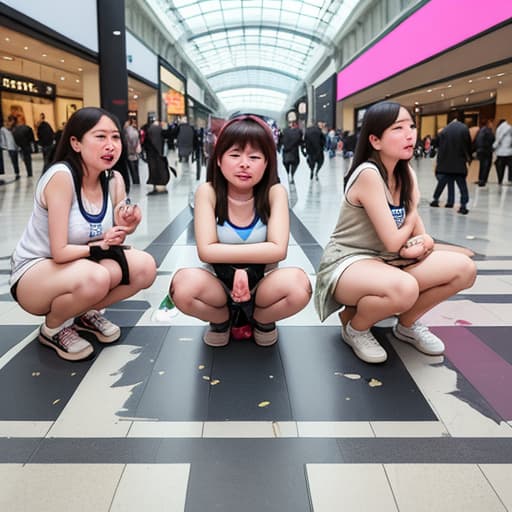  Naked women squatting naked on the floor in the mall hall in public, defecating everywhere, excrement on the ground, attracting people to watch