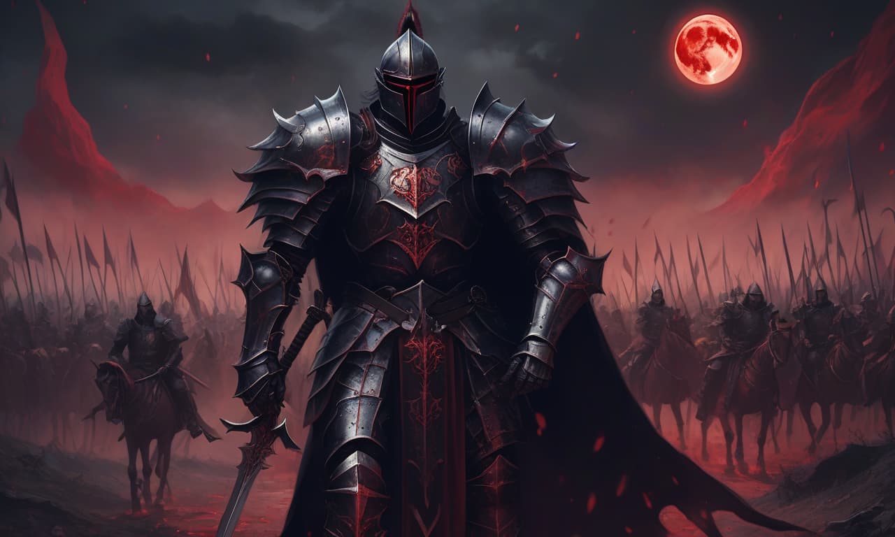  a medieval fantasy knight in demonic black armor, against a legion of demonic cossacks and a blood moon