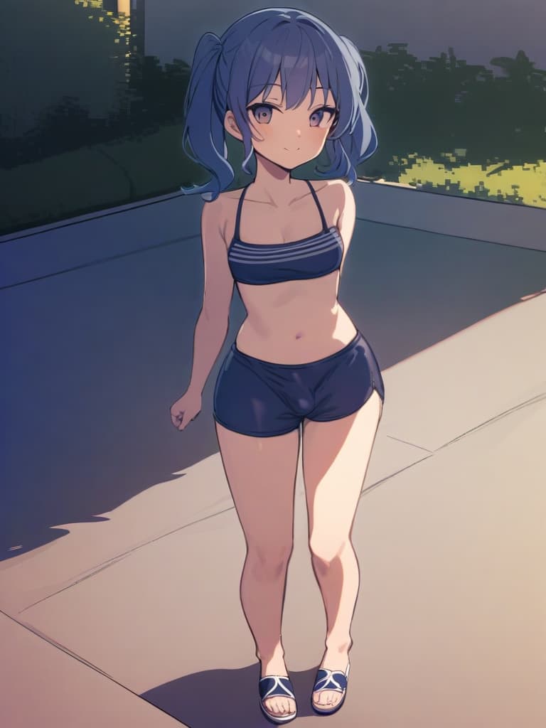  women's elementary students (male), twin tails, cute smiles, (rich s), low stature, dark blue swimwear, old swimwear, , simple (upward), male , (bulge), shaped clear , front , whole body, pool side,