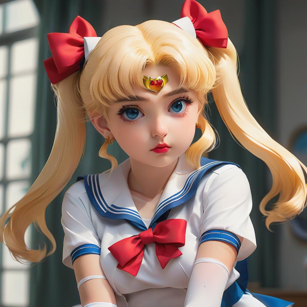  hyperrealistic art sailor moon, anime style, short skirt, pantsu, white sailor uniform, blue bow, red bow, blonde twin tails, blue eyes, cute, kawaii, detailed, high quality, 4k, digital art . extremely high resolution details, photographic, realism pushed to extreme, fine texture, incredibly lifelike, film photography style