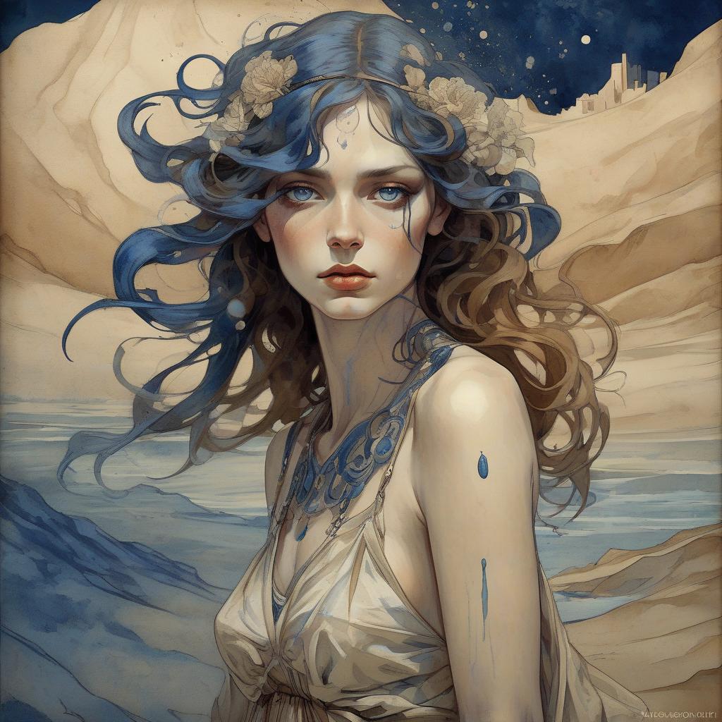  concept art mucha paint a beautiful woman in sand desert stormy, watercolor and ink imperial colors, art deco by annigoni, egon schiele, milo manara, botticelli, catrin welz stein, jean metzinger, klimt, perfect eyes, perfect handsface, highly detailed, splatter, dynamic pose, dark blue background . digital artwork, illustrative, painterly, matte painting, highly detailed