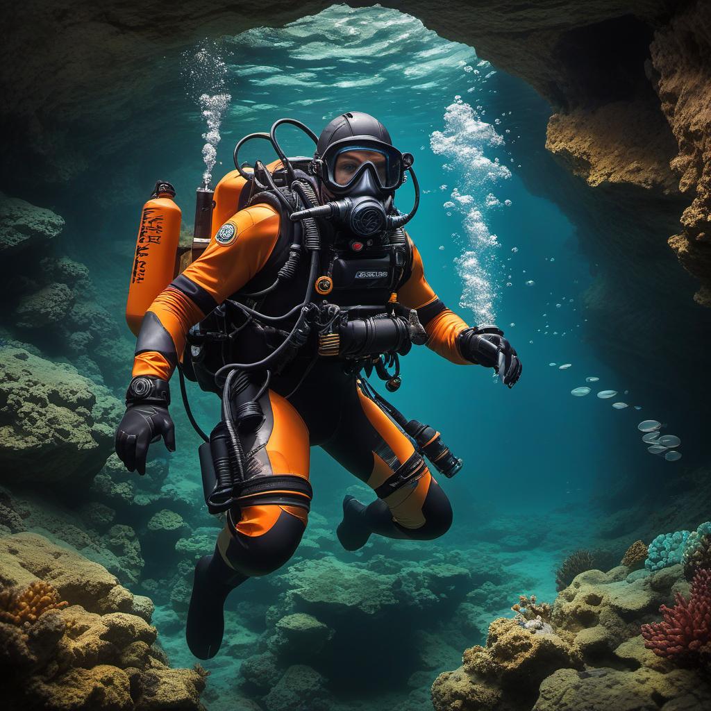  jb name, male, rebreather diver, thick loops, helmet in orange, cave diver, underwater, face view diver, fresh water, shoulder view, jb, painting style