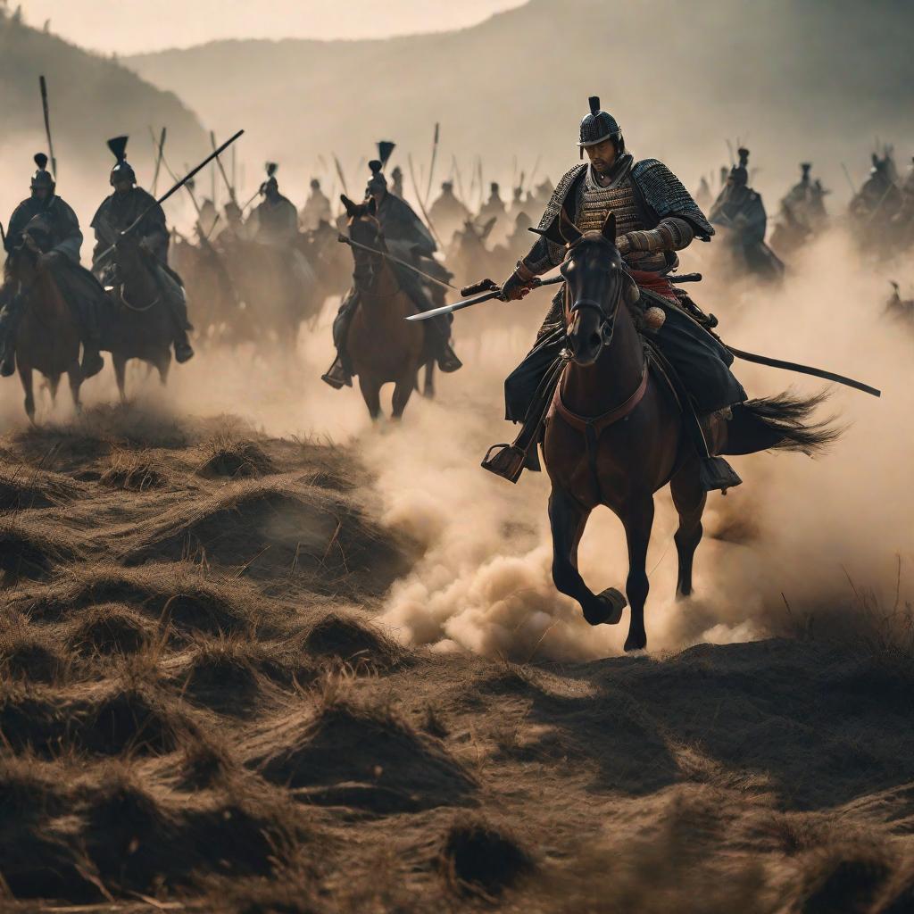  a dramatic battlefield scene, with the samurai leading the villagers against an unseen enemy, filled with tension and courage hyperrealistic, full body, detailed clothing, highly detailed, cinematic lighting, stunningly beautiful, intricate, sharp focus, f/1. 8, 85mm, (centered image composition), (professionally color graded), ((bright soft diffused light)), volumetric fog, trending on instagram, trending on tumblr, HDR 4K, 8K