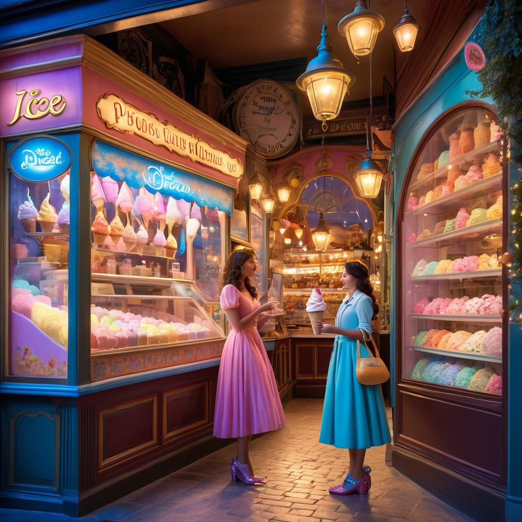  in 3d animated movie style. disney pixar style. paris, a old in a colorful dress and sparkly shoes, meets the ice cream wizard in an enchanting ice cream shop filled with magical decor and colorful lights. high resolution pixar 3d animated film style captures lifelike textures and vint colors, with pastel hues, vint tones, and sparkling details. soft, warm lights create a magical ambiance, focusing on paris and the ice cream wizard standing face to face in a slightly tilted angle, emphasizing their interaction and the enchanted atmosphere of the shop.