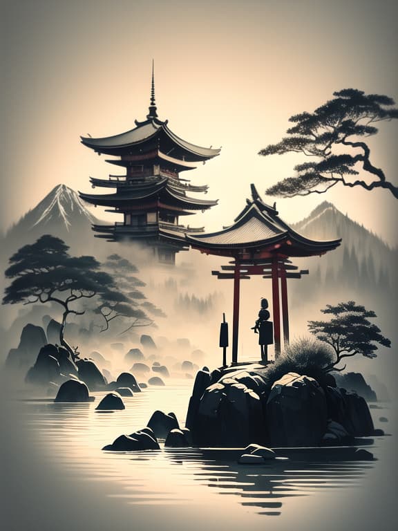  master piece, best quality, ultra detailed, highres, 4k.8k, young japanese warrior, holding a katana, preparing for battle, focused and determined, break samurai in motion, traditional japanese temple courtyard, torii gate, bonsai tree, stone lantern, wooden training dummy, break serene yet charged with energy, monochrome with dynamic brush strokes, white background, scenery, ink, mountains, water, trees