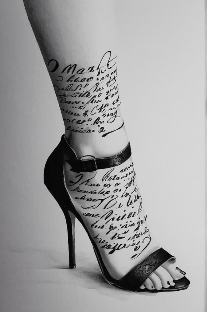  inscription on the ankle with a nice font, (tattoo sketch:1.25), drawing