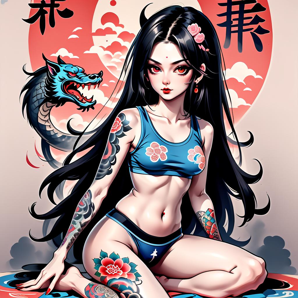  a woman in underwear, with tattoos in the japanese style of "irezumi" more tattoos, dark long hair, straight nose, oriental entourage, sitting in a feminine pose, background and clothes to style the edi era., t shirt design