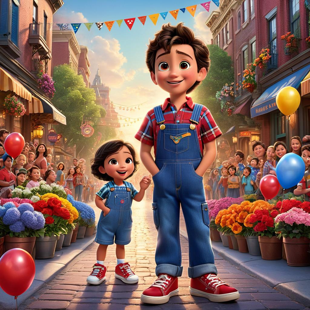  in 3d animated movie style. disney pixar style. jhon, 4, in blue overalls and red sneakers. jhon's father in plaid shirt and jeans. whiskers, cheerful, no clothes, observing. bustling street with joyful families, colorful banners, flowers. high resolution pixar 3d. bright, warm lights. dynamic bird's eye view of characters, love, teamwork theme.