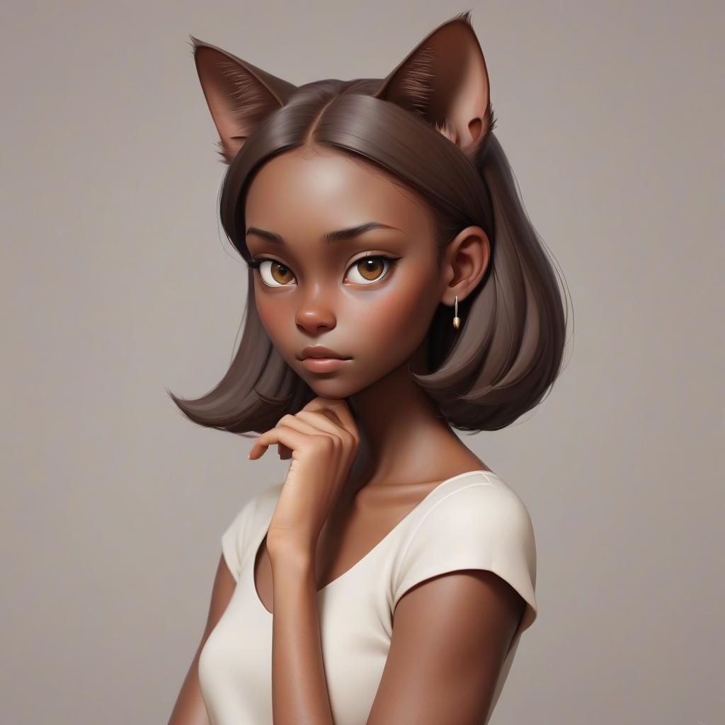  minimalist style a girl with dark skin, brown hair and kara. on the head of the cat's ear . simple, clean, uncluttered, modern, elegant