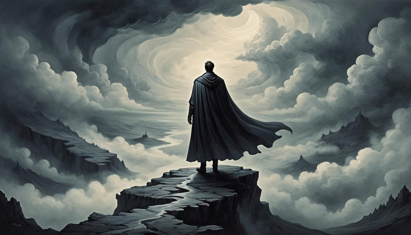  on parchment, surrealism+++, vast, empty void, a single figure in a flowing cape standing on the edge of a precipice, dark swirling clouds above, solitude, enigmatic, emotional distance(mysterious, provocative, symbolic,muted color)+++