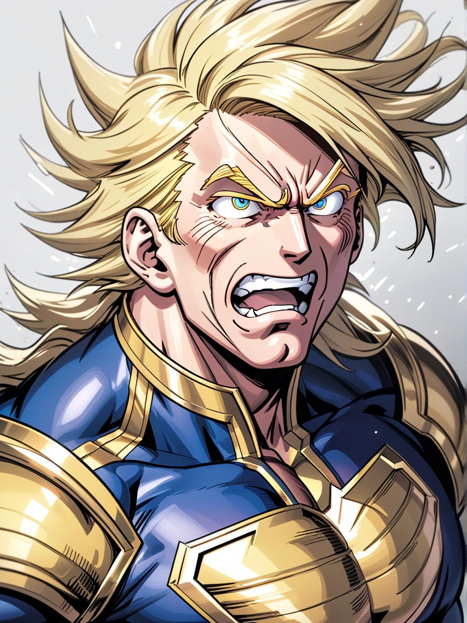  manga artwork generate me a picture of donald trump looking similar to all might from my hero academia anime. manga artist. manga, highly emotional. best quality, high resolution