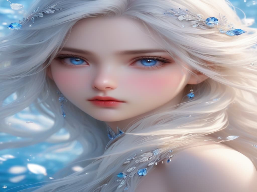  masterpiece,best quality,official art,extremely detailed cg 8k wallpaper,(flying petals) (detailed ice),crystals texture skin,1girl,cold expression,white hair,long hair,messy hair,blue eye,looking at viewer,extremely delicate and beautiful,water,((beauty detailed eye)),highly detailed,cinematic lighting,((beautiful face), fine water surface, (original figure painting), ultra detailed, incredibly detailed, (an extremely delicate and beautiful), beautiful detailed eyes, (best quality)