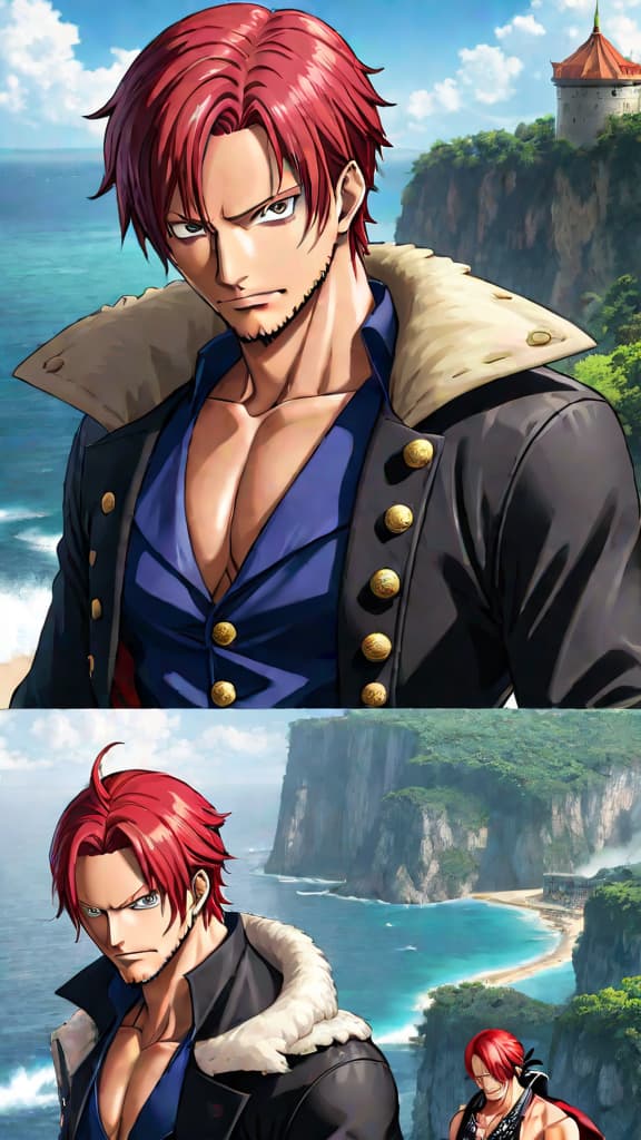  anime art: shanks from one piece ensures his crew can handle any sea challenges without devil fruits. hyperrealistic, full body, detailed clothing, highly detailed, cinematic lighting, stunningly beautiful, intricate, sharp focus, f/1. 8, 85mm, (centered image composition), (professionally color graded), ((bright soft diffused light)), volumetric fog, trending on instagram, trending on tumblr, HDR 4K, 8K