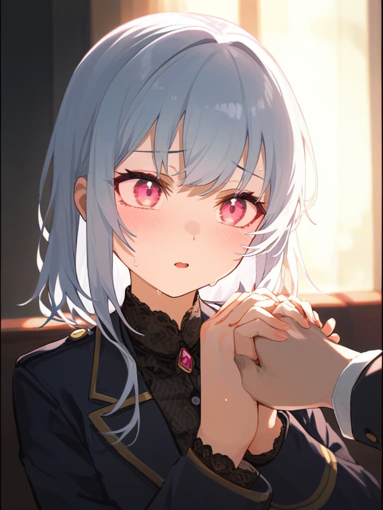  ((white hair,pink eyes,blushing and sweating,confession,confession scene,girl confessing,love,holding hands,shy,uniform,girly,pure,straight hair))、ultra detailed,best shadow,cute and beautiful face,(masterpiece:1.2),(best quality:1.2),detailed background,high contrast,(best illumination,an extremely delicate and beautiful),((cinematic light)),hyper detail,dramatic light,intricate details,8k,anime,very aesthetic