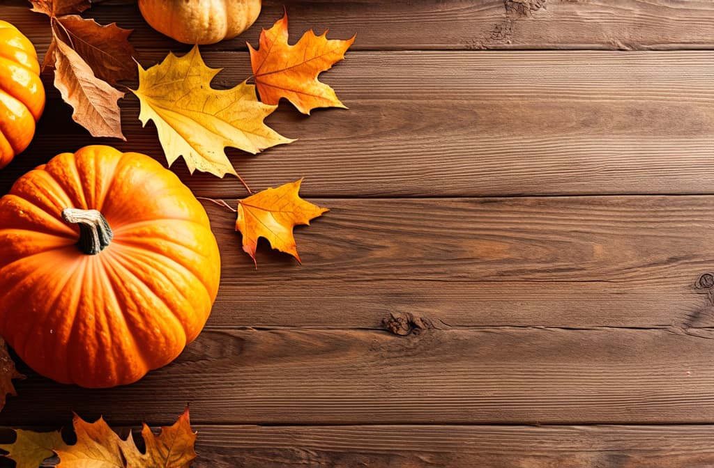  professional detailed photography, autumn themed arrangement of pumpkins and leaves on a wooden surface ar 3:2, (muted colors, dim colors, soothing tones), (vsco:0.3)