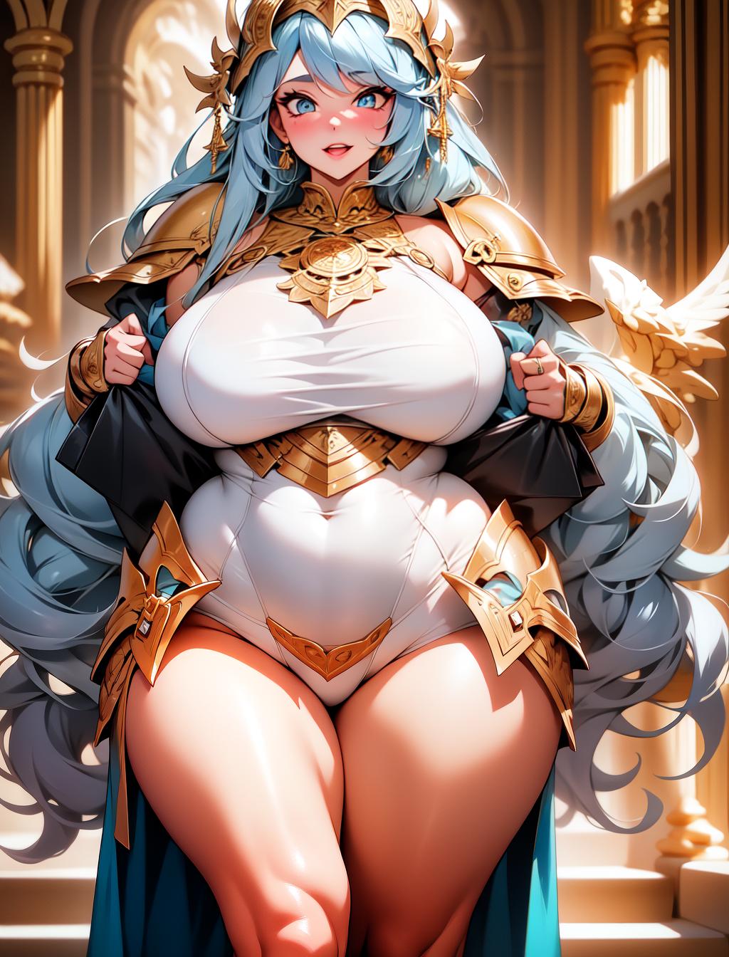  an obese yet curvy female angel wearing intricate holy armor that is obviously very tight due to her recent weight gain while in a heavenly city. meticulous focused details to fat womanly anatomical features such as corpulent arms and pudgy bulges contours