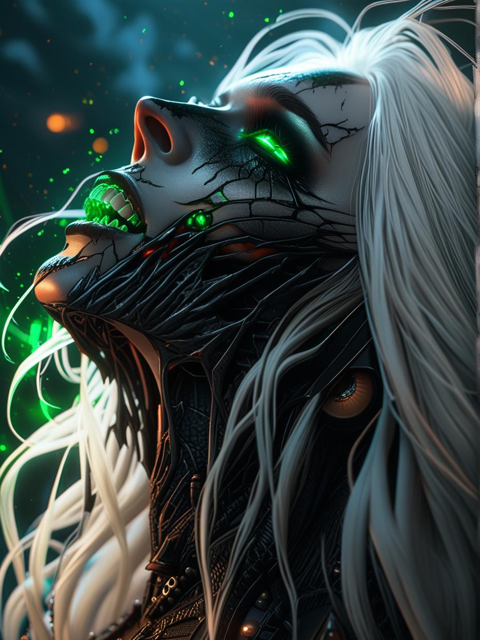  best quality, hd, hauntingly beautiful yet extremely terrifying female cosmic horror entity with glowing green eyes, pale white skin, long white hair, and an extremely wide evil smile with the skin of her cheeks ripped horizontally from the corner of the lip up the cheek and torn with very long fanged teeth with a cosmic background hyperrealistic, full body, detailed clothing, highly detailed, cinematic lighting, stunningly beautiful, intricate, sharp focus, f/1. 8, 85mm, (centered image composition), (professionally color graded), ((bright soft diffused light)), volumetric fog, trending on instagram, trending on tumblr, HDR 4K, 8K