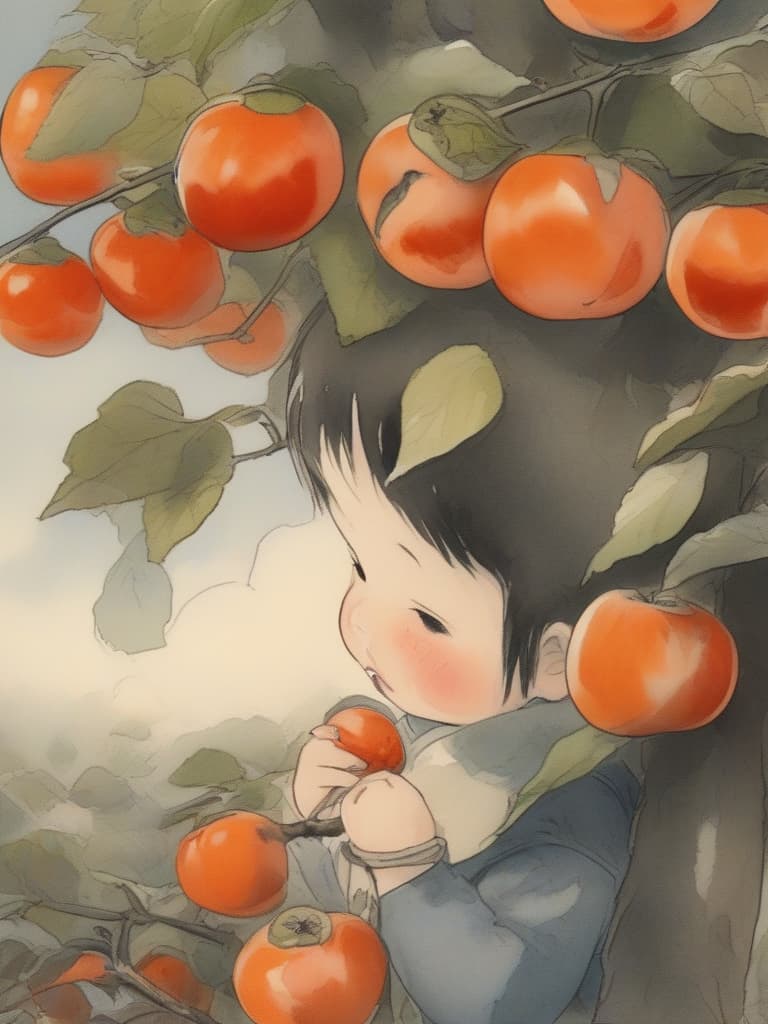  a tree with many persimmons growing,the base of a persimmon tree,a child eating a japanese persimmon ((holding a japanese persimmon with both hands,bringing a japanese persimmon to his mouth,eating a japanese persimmon,taking a whole bite)),high resolution,absurd,employed,close up,