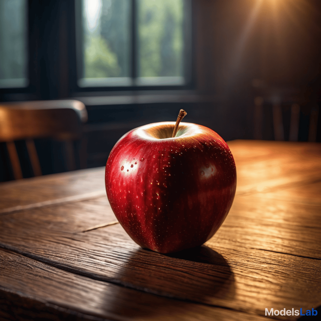  an apple on a wooden table hyperrealistic, full body, detailed clothing, highly detailed, cinematic lighting, stunningly beautiful, intricate, sharp focus, f/1. 8, 85mm, (centered image composition), (professionally color graded), ((bright soft diffused light)), volumetric fog, trending on instagram, trending on tumblr, HDR 4K, 8K