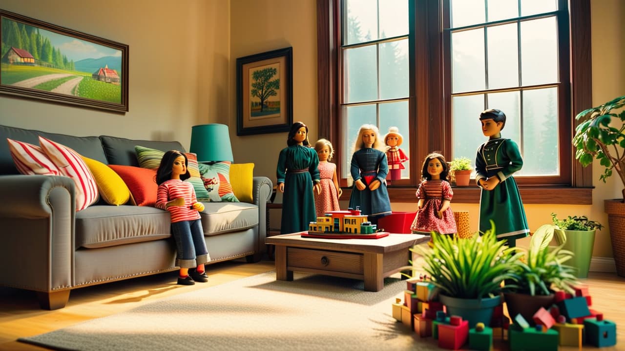  a cozy living room scene with children playing, surrounded by eco friendly toys made from natural materials, like wooden blocks, fabric dolls, and plant based crafts, with potted plants and sunlight streaming through the window. hyperrealistic, full body, detailed clothing, highly detailed, cinematic lighting, stunningly beautiful, intricate, sharp focus, f/1. 8, 85mm, (centered image composition), (professionally color graded), ((bright soft diffused light)), volumetric fog, trending on instagram, trending on tumblr, HDR 4K, 8K