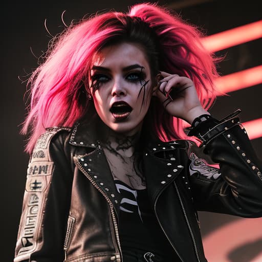  photograph of a fashion model, a punk rocker girl on stage, dressed in a torn leather jacket with studs, ripped jeans, and high top sneakers with bright laces. her face is pale, with sharp features and defined cheekbones, reflecting her inner strength and determination. her eyes are boldly outlined with black eyeliner, with deep dark shadows adding drama. her lips are covered in rich dark lipstick, with a slightly smudged outline that adds a touch of carelessness. her hair is brightly colored, disheveled, and styled in a chaotic yet purposeful mess. she stands on stage, emotionally screaming, expressing rebellion and passion. smoke swirls around her, and the lighting creates dramatic shadows, emphasizing her energetic and defiant presence. 