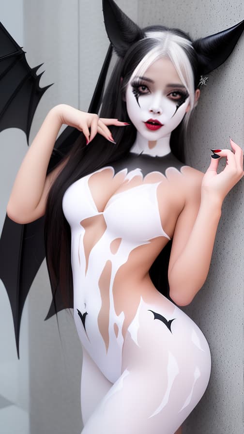  Black bat-shaped body paint in every corner of the whole body, white body paint all over the body, white face paint on the face, succubus,full body image female