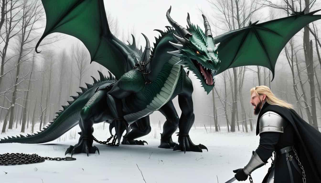  a huge scarred (((black and emerald dragon))) raises a paw to strike the medieval blond man with long hair in medieval (((gray hunting clothes ))) standing in front of him in a (((winter))) landscape in a sparse forest. the dragon has (((deep scars )))on its body, and a (((metal collar with a scrap of thick chain dangles from its neck))). the dragon's mouth is open menacingly, saliva dripping from it. the man in front of the dragon stands in a pose ready to resist, sword in his right hand.