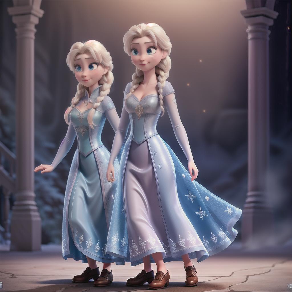  elsa and anna from frozen hyperrealistic, full body, detailed clothing, highly detailed, cinematic lighting, stunningly beautiful, intricate, sharp focus, f/1. 8, 85mm, (centered image composition), (professionally color graded), ((bright soft diffused light)), volumetric fog, trending on instagram, trending on tumblr, HDR 4K, 8K