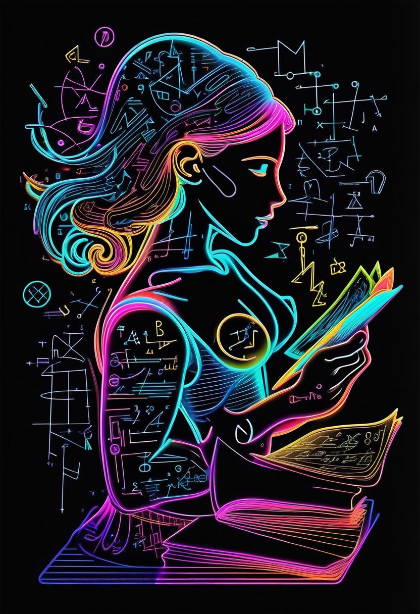  line art drawing tech bright circuit board fractal glossy bright multicolored ink sketch shiny outlines, thin contour line coloring, thin line, multicolor line, outlines of a silhouette of a girl reading a book made of mathematical symbols, (neon color mathematical symbols and formulas:1.4), that float around him, flying clocks, on a black background, style of jean delville, art in minimalist style, linear icons, (linear icon:1.5), line ilustration, . professional, sleek, modern, minimalist, graphic, line art, vector graphics