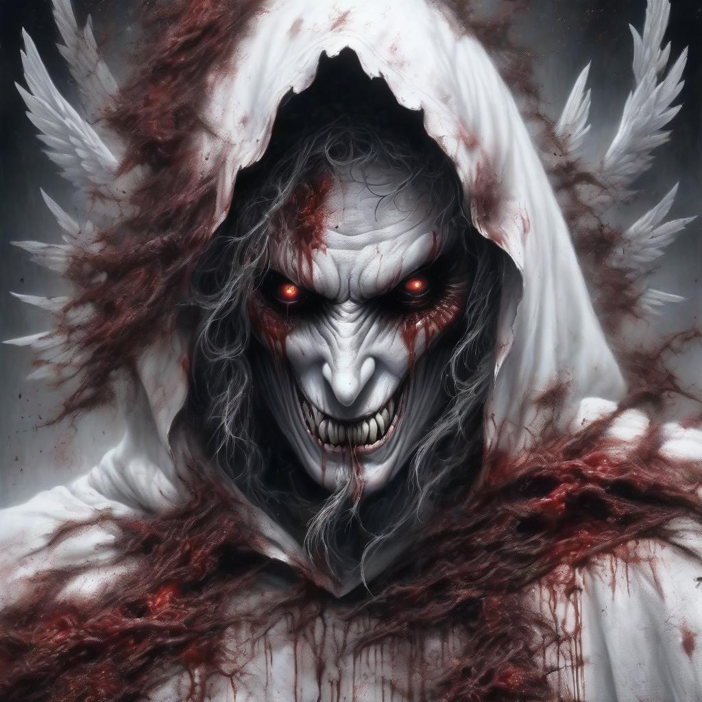  hyperrealistic art evil angel in a white hood with wings in blood with a sword on his shoulder white fire from the eyes dark face . extremely high resolution details, photographic, realism pushed to extreme, fine texture, incredibly lifelike, hkmagic