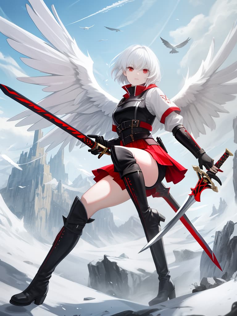  1 , solo, short hair, big s, red eyes, valleys, white hair, weapons, wings, swords, nail polish, knee boots