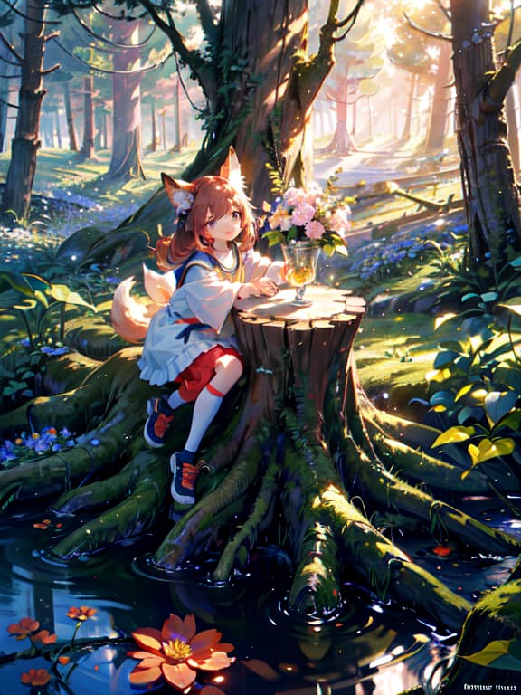  master piece, best quality, ultra detailed, highres, 4k.8k, mascot character, posing for a photo, cheerful, break a cute, two dimensional mascot character with three tails is the main focus of the illustration., fantasy forest, camera, flowers, tree stump, break enchanting and whimsical, soft sunlight, sparkles, and glowing flowers,