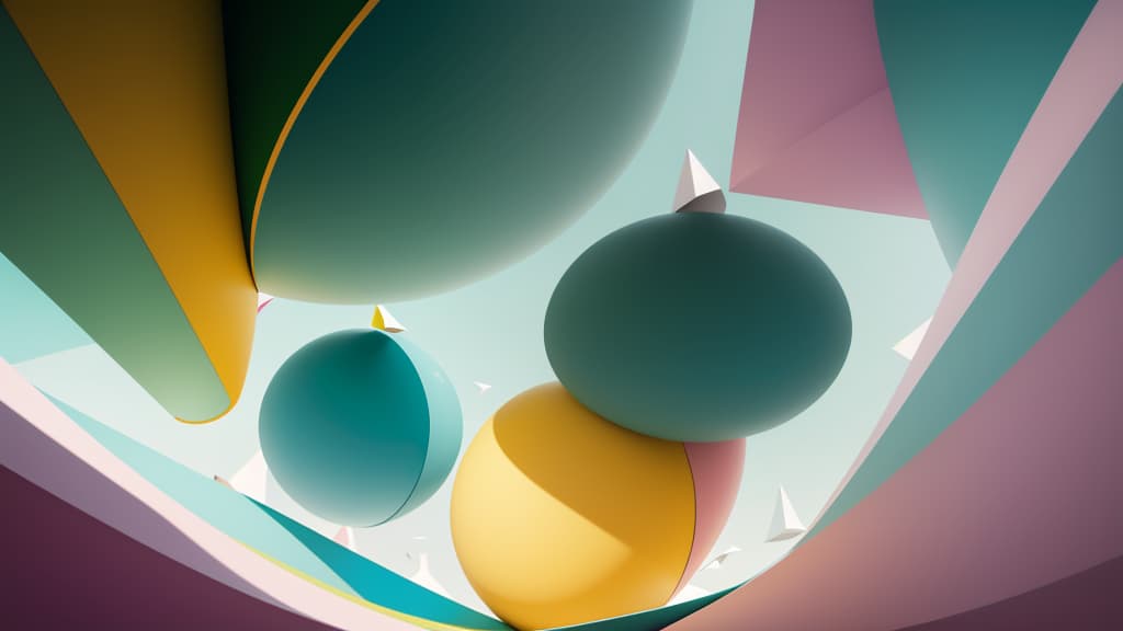  modern, abstract art piece featuring a combination of vertical lines and geometric shapes. the layout includes a series of vertical, multicolored lines that create a sense of depth and texture. the background consists of a gradient of green and yellow hues, resembling a field, with white spherical shapes distributed throughout, adding a three dimensional effect. in the foreground, there are pink and blue triangular forms that appear to be rising from the bottom, contributing to the layered composition. the overall style is contemporary and visually dynamic, with a focus on color contrast and spatial arrangement.