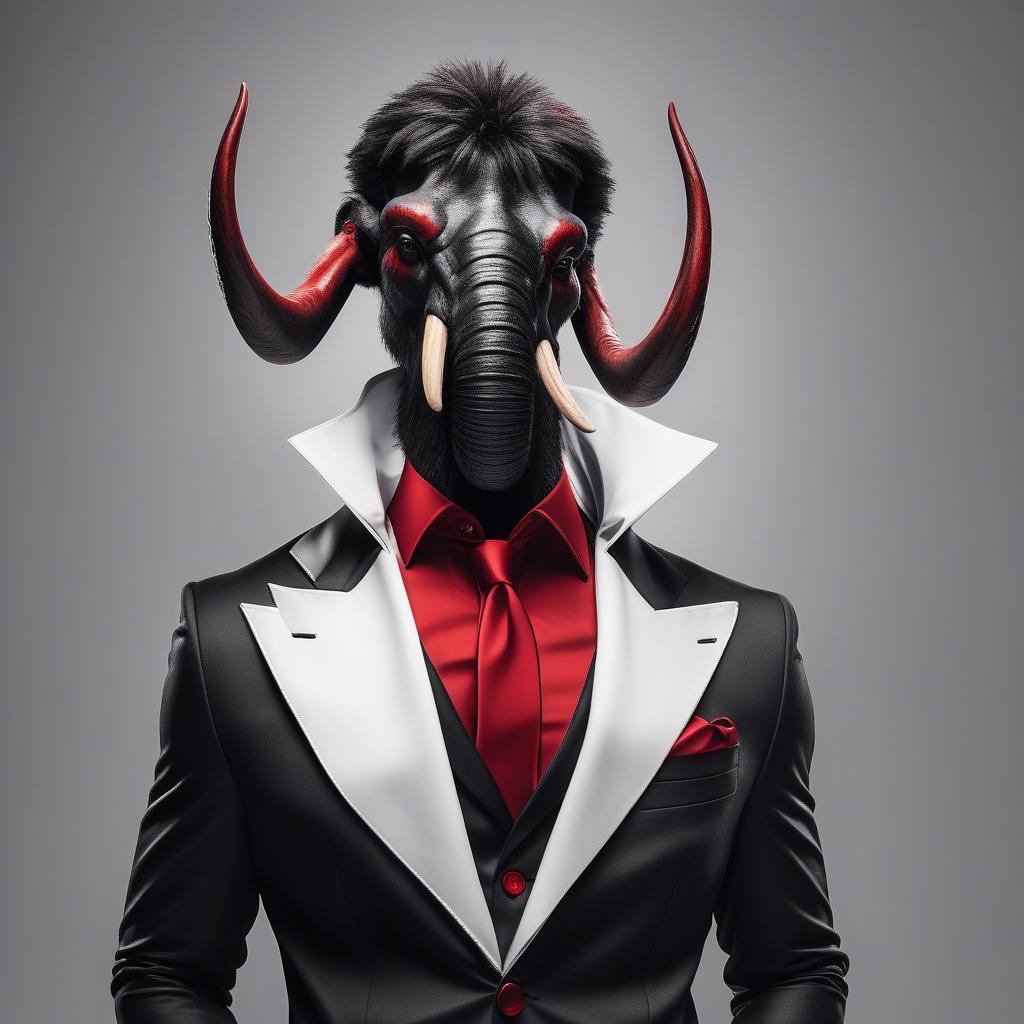  fashion editorial style mammoth superhero in black and red mafia suit on white background . high fashion, trendy, stylish, editorial, magazine style, professional, highly detailed